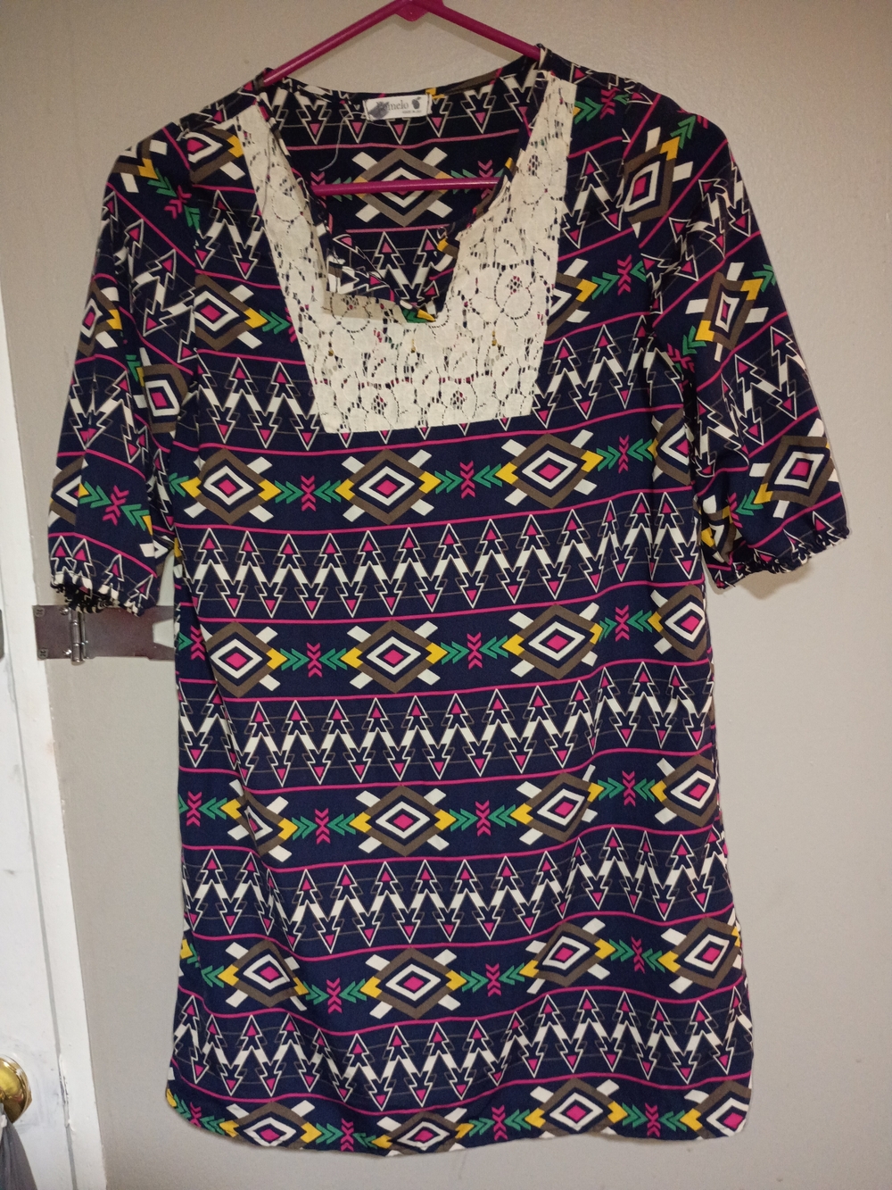 Women’s Navy Aztec Lace-Yoke Blouse